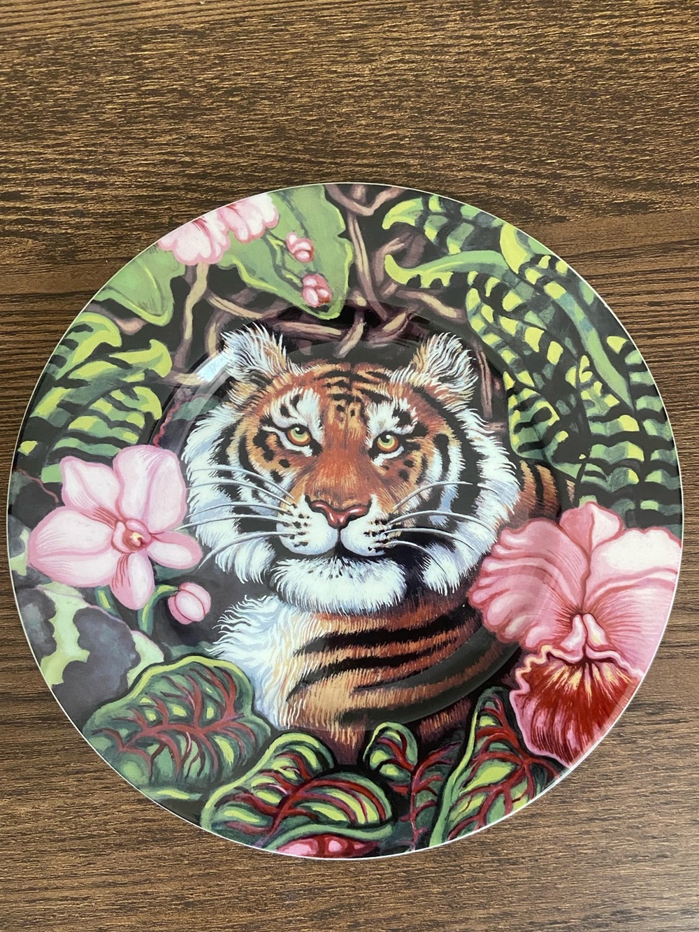 Fitz and Floyd Tiger Floral Decorative Plate in Green, Pink, Brown